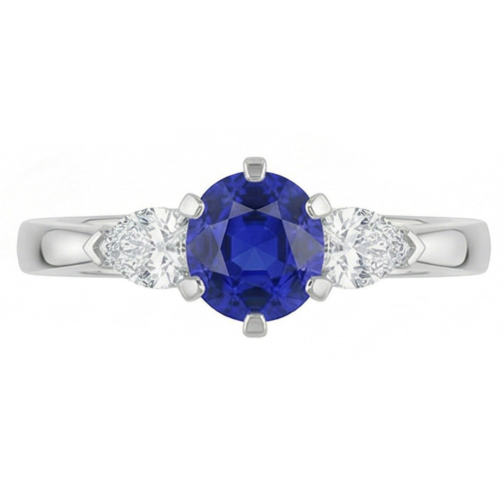 Three Stone Round Blue Sapphire Ring & Pear Natural Earth Mined Diamonds 1.25 Carats
