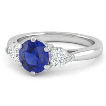 Three Stone Round Blue Sapphire Ring & Pear Natural Earth Mined Diamonds 1.25 Carats