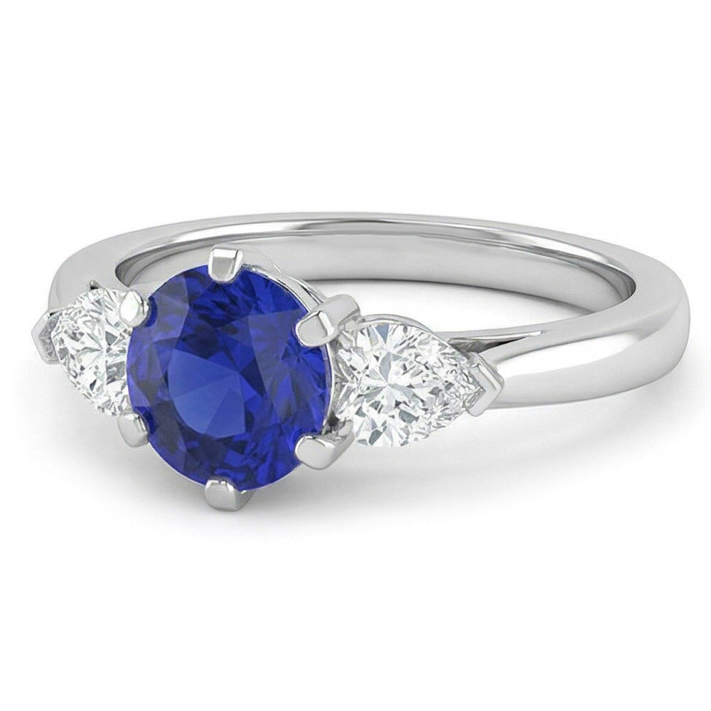 Three Stone Round Blue Sapphire Ring & Pear Natural Earth Mined Diamonds 1.25 Carats