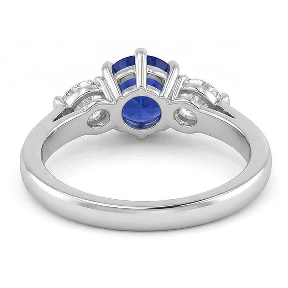 Three Stone Round Blue Sapphire Ring & Pear Natural Earth Mined Diamonds 1.25 Carats
