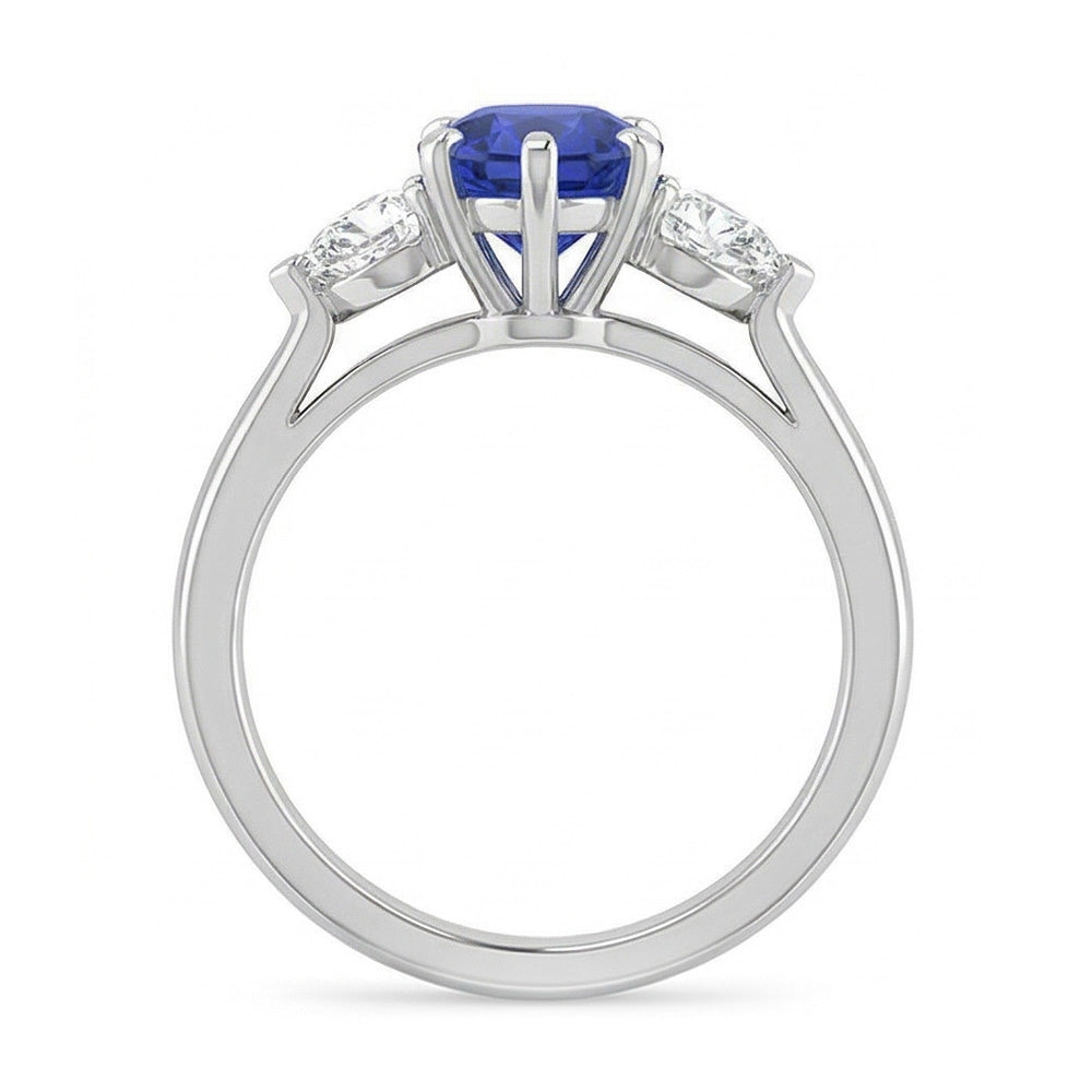 Three Stone Round Blue Sapphire Ring & Pear Natural Earth Mined Diamonds 1.25 Carats