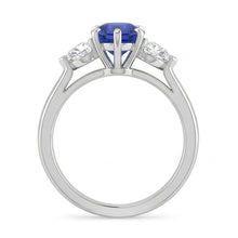 Three Stone Round Blue Sapphire Ring & Pear Natural Earth Mined Diamonds 1.25 Carats