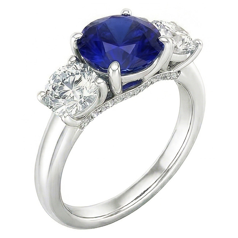 Three Stone Round Blue Sapphire Ring & Round Natural Earth Mined Diamonds 2.50 Carats