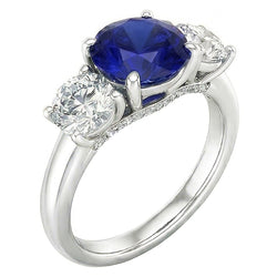 Three Stone Round Blue Sapphire Ring & Round Natural Earth Mined Diamonds 2.50 Carats