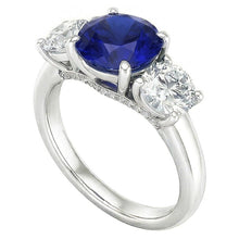 Three Stone Round Blue Sapphire Ring & Round Natural Earth Mined Diamonds 2.50 Carats