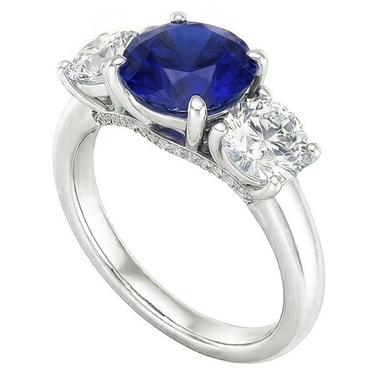 Three Stone Round Blue Sapphire Ring & Round Natural Earth Mined Diamonds 2.50 Carats