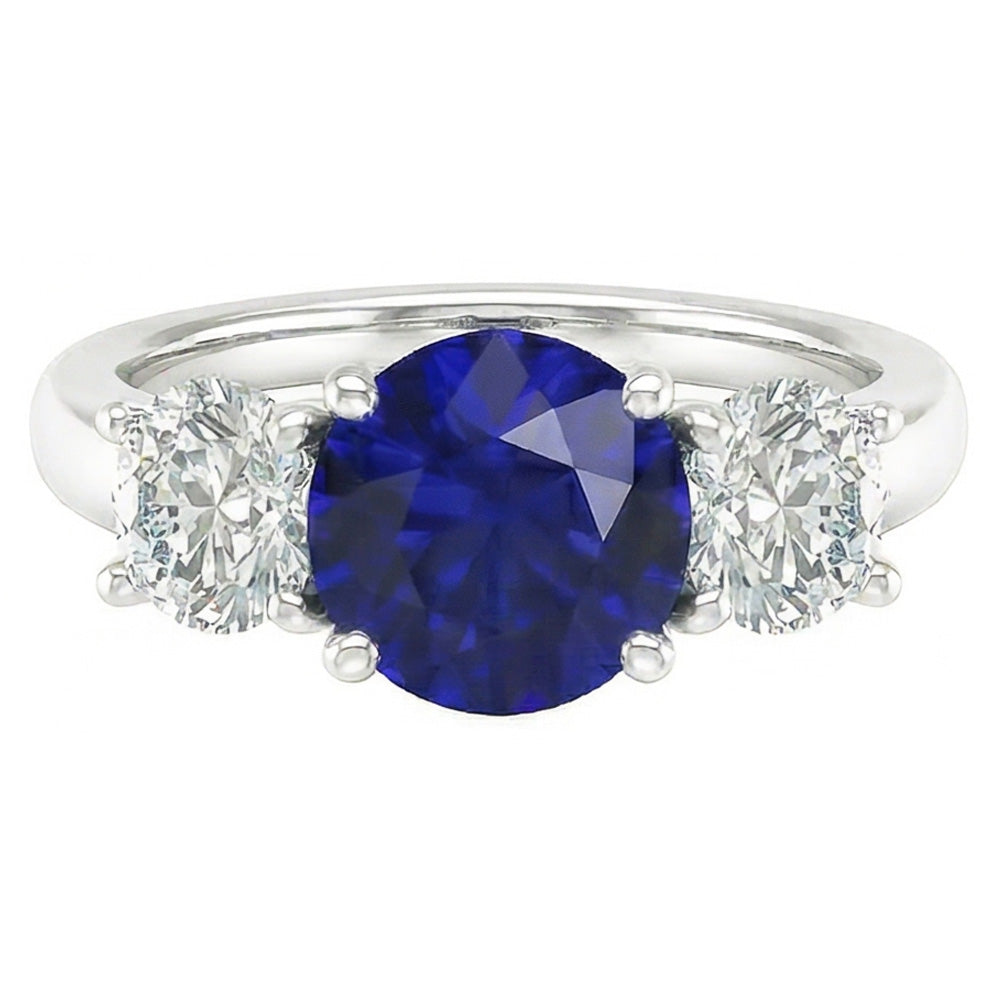 Three Stone Round Blue Sapphire Ring & Round Natural Earth Mined Diamonds 2.50 Carats