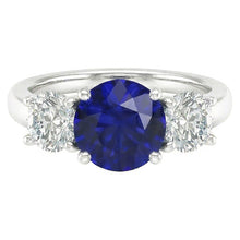 Three Stone Round Blue Sapphire Ring & Round Natural Earth Mined Diamonds 2.50 Carats