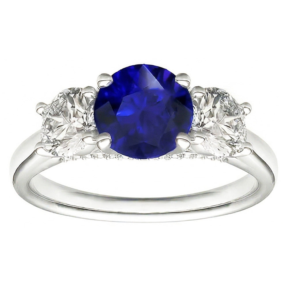 Three Stone Round Blue Sapphire Ring & Round Natural Earth Mined Diamonds 2.50 Carats