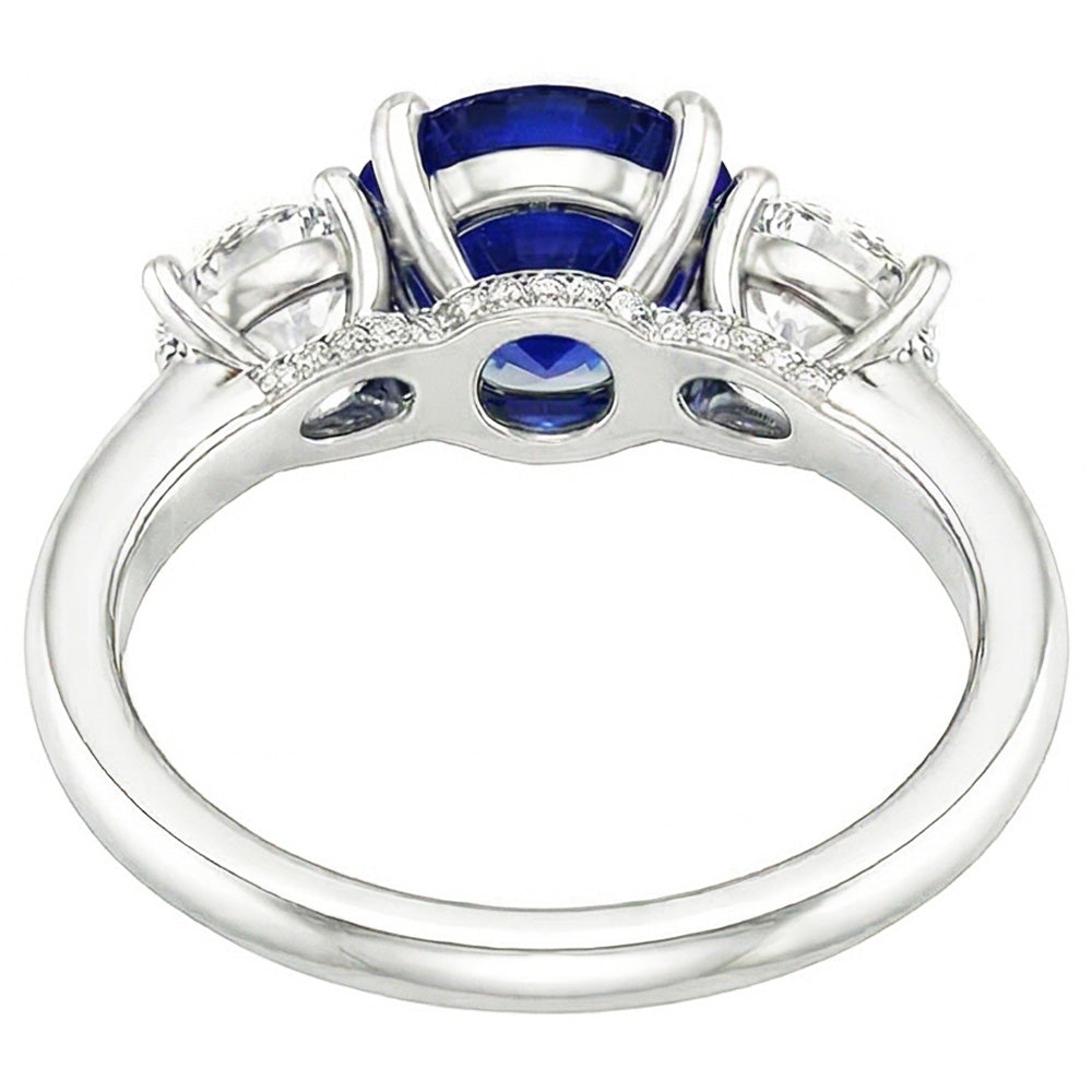 Three Stone Round Blue Sapphire Ring & Round Natural Earth Mined Diamonds 2.50 Carats