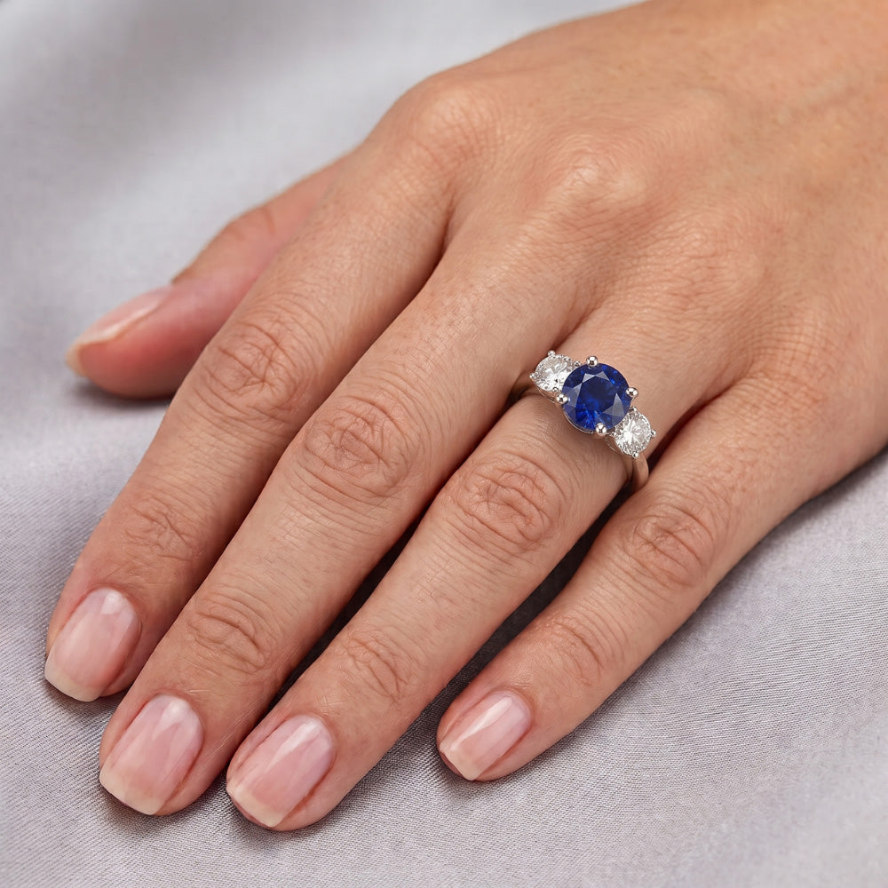 Three Stone Round Blue Sapphire Ring & Round Natural Earth Mined Diamonds 2.50 Carats