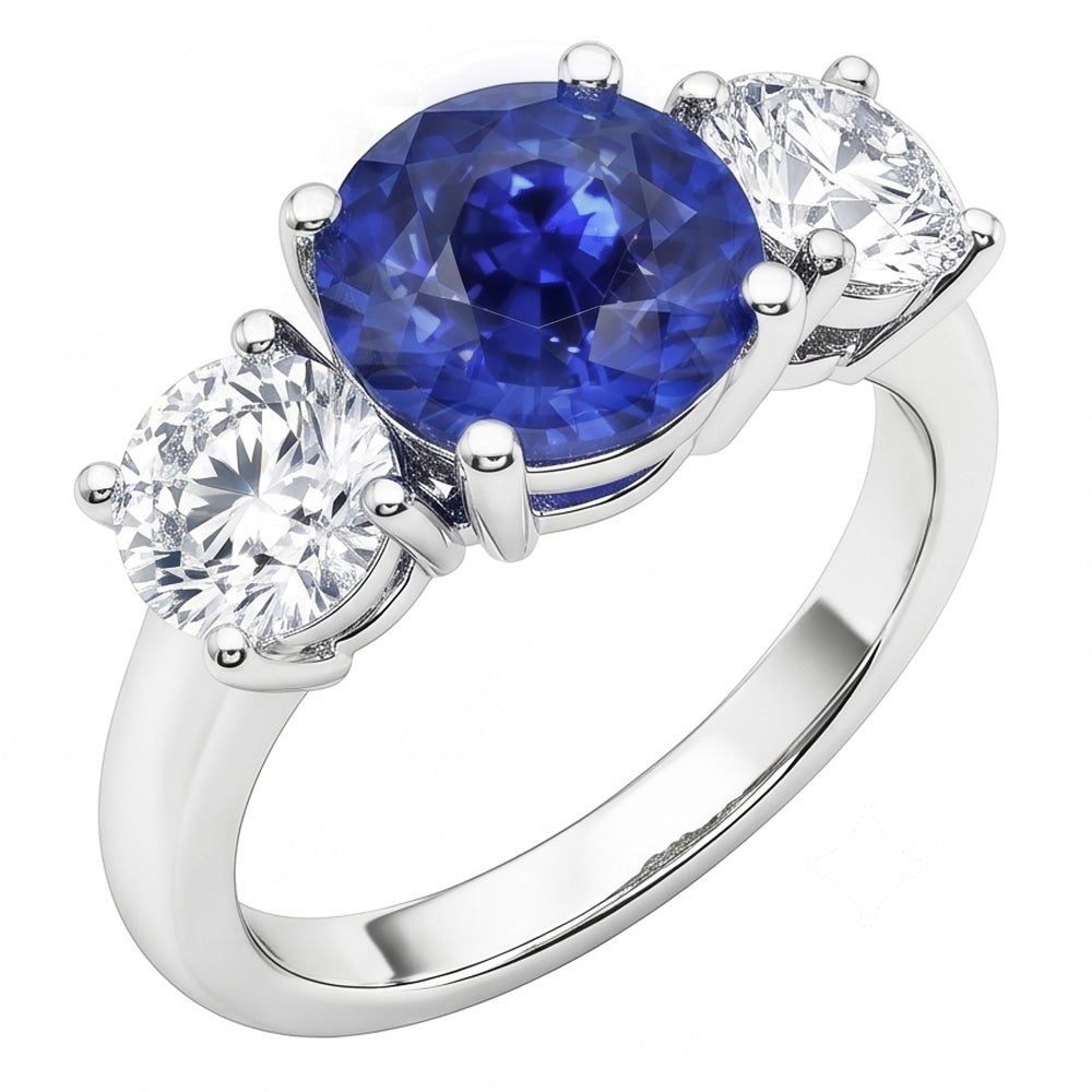 Three Stone Round Blue Sapphire & Natural Earth Mined Diamond Ring 2.50 Carats Gold 14K