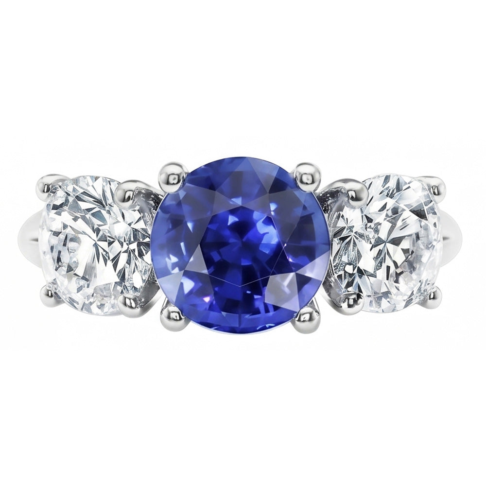 Three Stone Round Blue Sapphire & Natural Earth Mined Diamond Ring 2.50 Carats Gold 14K