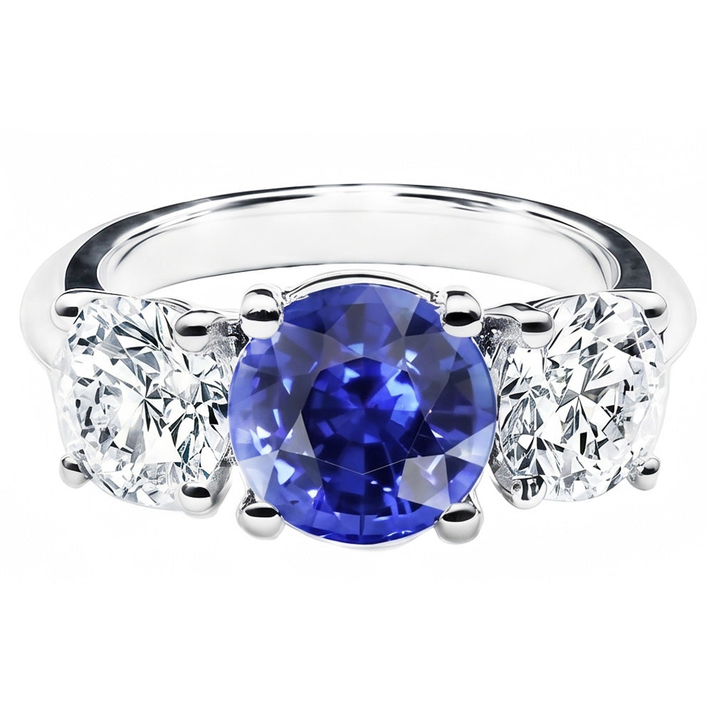 Three Stone Round Blue Sapphire & Natural Earth Mined Diamond Ring 2.50 Carats Gold 14K