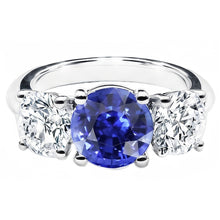 Three Stone Round Blue Sapphire & Natural Earth Mined Diamond Ring 2.50 Carats Gold 14K