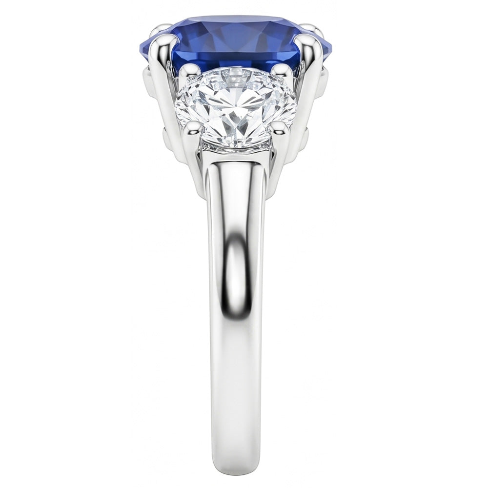 Three Stone Round Blue Sapphire & Natural Earth Mined Diamond Ring 2.50 Carats Gold 14K