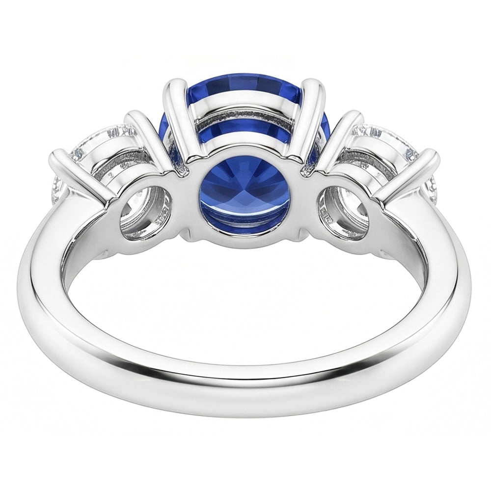 Three Stone Round Blue Sapphire & Natural Earth Mined Diamond Ring 2.50 Carats Gold 14K