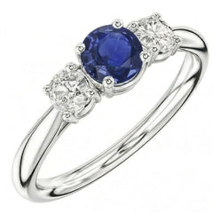 Three Stone Round Blue Sapphire & Natural Earth Mined Diamond Ring Jewellery 1.50 Carats
