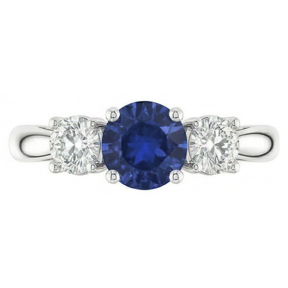 Three Stone Round Blue Sapphire & Natural Earth Mined Diamond Ring Jewellery 1.50 Carats
