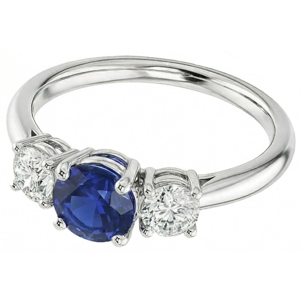 Three Stone Round Blue Sapphire & Natural Earth Mined Diamond Ring Jewellery 1.50 Carats