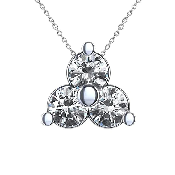 Three Stone Round Cut Real Diamond Pendant Necklace 3.0 Ct. White Gold 14K