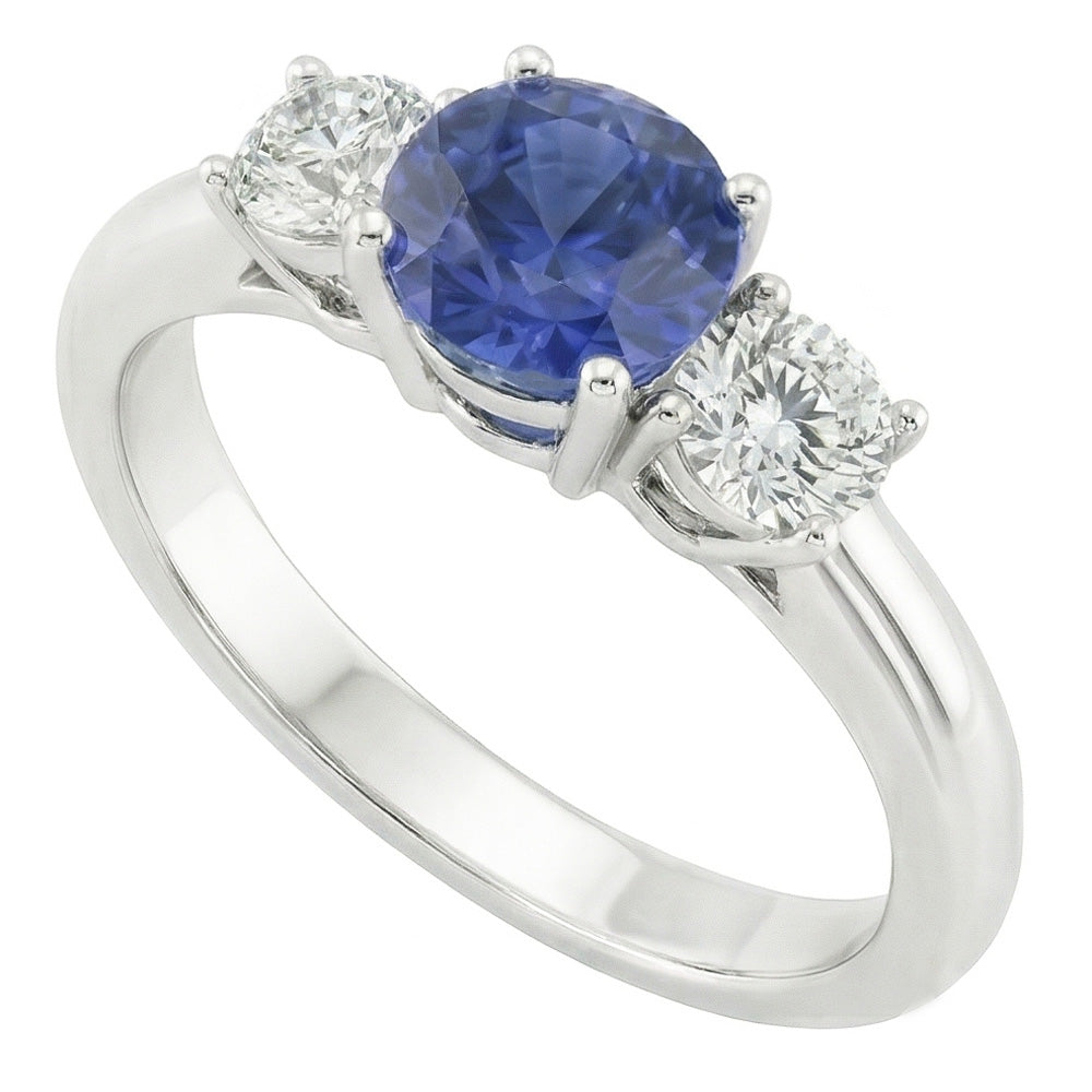 Three Stone Round Natural Earth Mined Diamond Engagement Ring Srilanka Sapphire 3 Carats