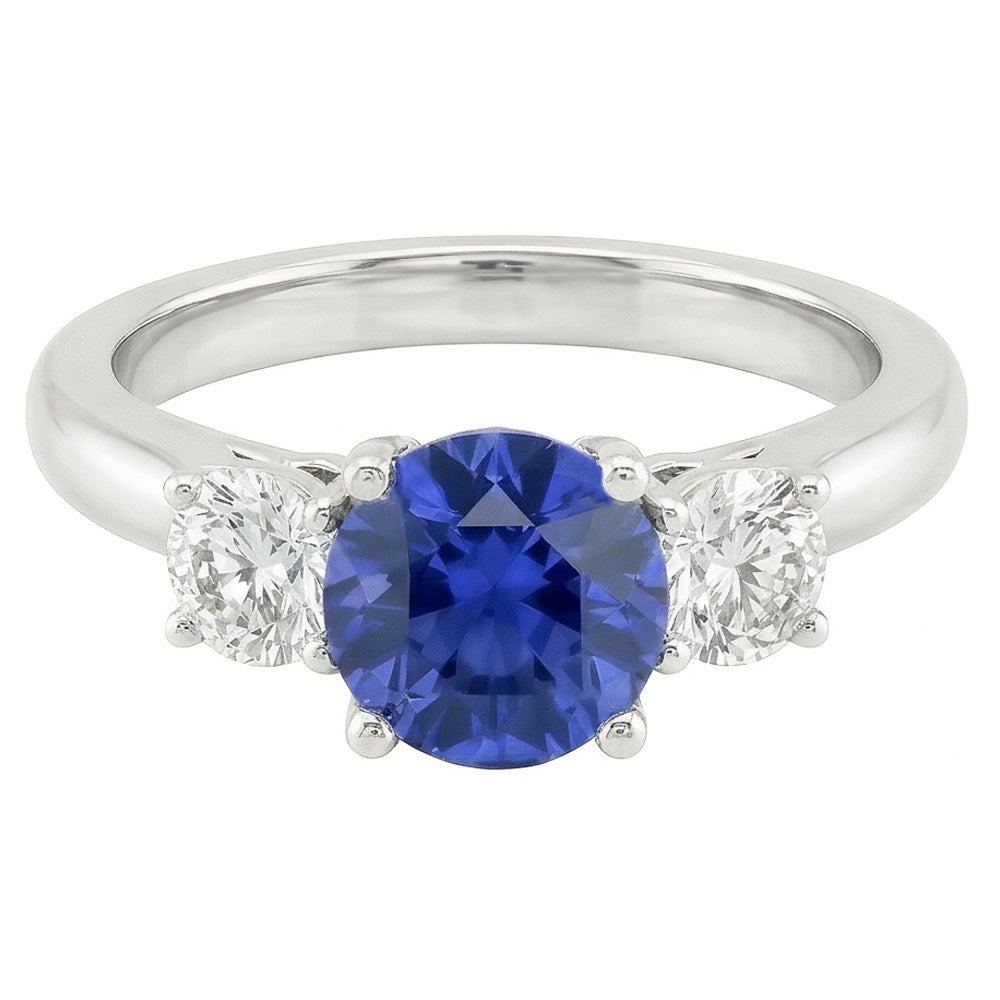 Three Stone Round Natural Earth Mined Diamond Engagement Ring Srilanka Sapphire 3 Carats