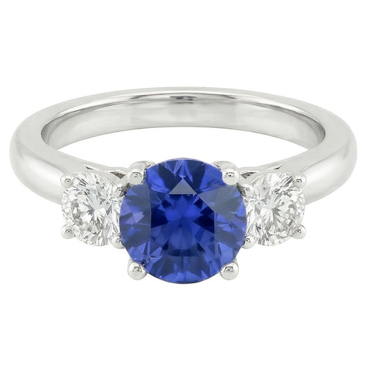 Three Stone Round Natural Earth Mined Diamond Engagement Ring Srilanka Sapphire 3 Carats
