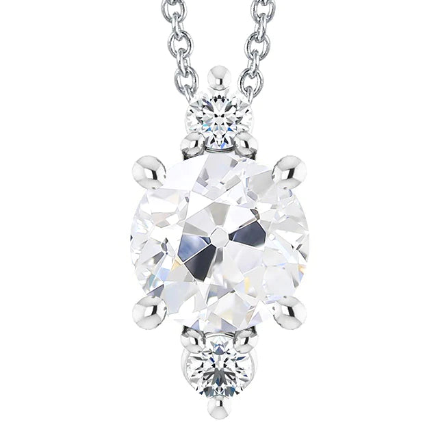 Three Stone Round Old Mine Cut Natural Diamond Pendant 6 Carats Slide Jewelry