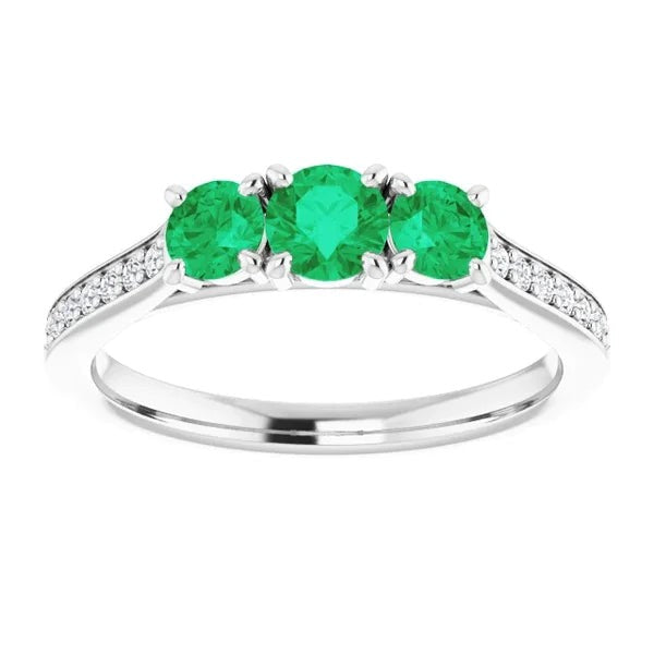 Three Stone Style Diamond Green Emerald Engagement Ring 1.10 Carats