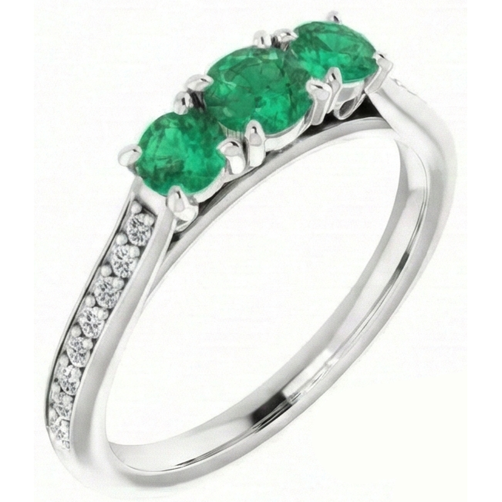 Three Stone Style Natural Earth Mined Diamond Green Emerald Engagement Ring 1.10 Carats