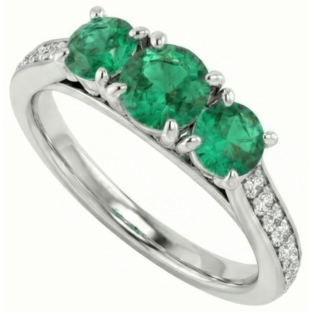 Three Stone Style Natural Earth Mined Diamond Green Emerald Engagement Ring 1.10 Carats