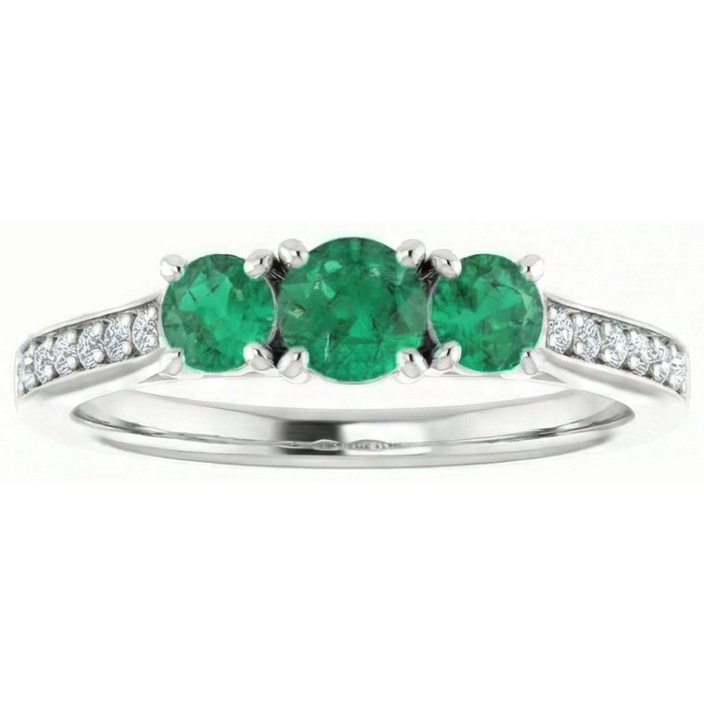 Three Stone Style Natural Earth Mined Diamond Green Emerald Engagement Ring 1.10 Carats