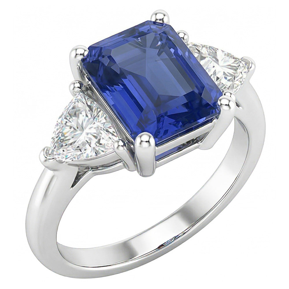 Three Stone Trillion Natural Earth Mined Diamond Ring Blue Sapphire 2 Carat Prongs