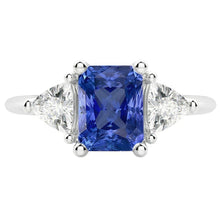 Three Stone Trillion Natural Earth Mined Diamond Ring Blue Sapphire 2 Carat Prongs