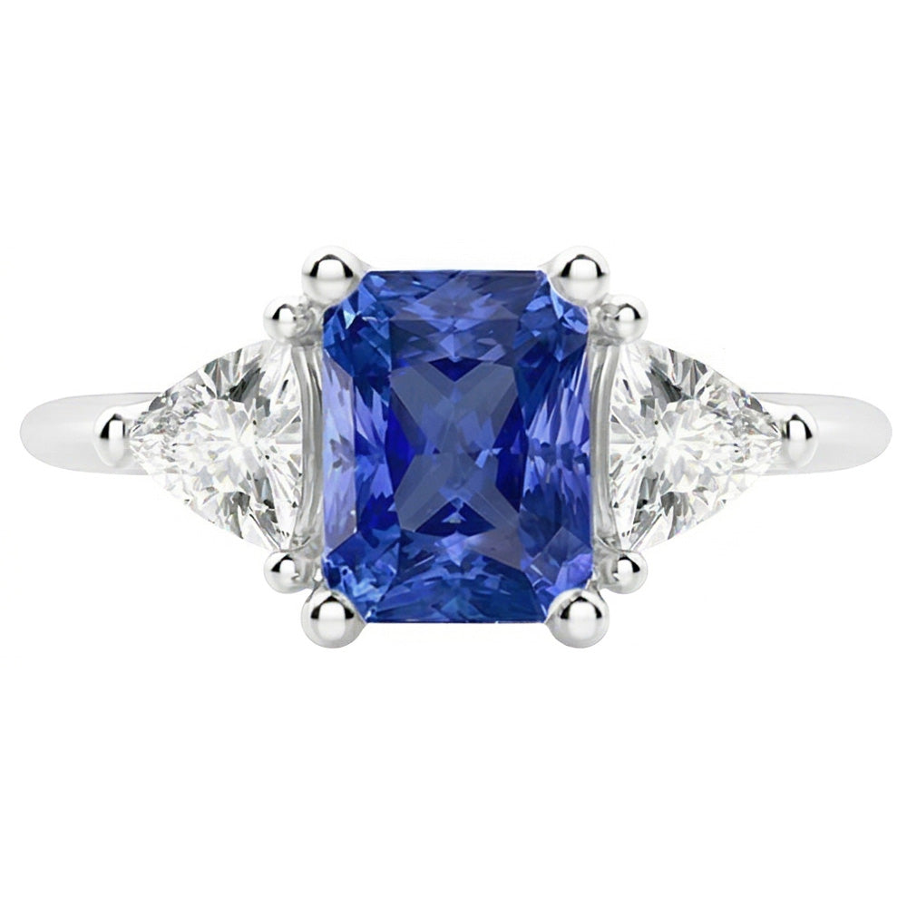Three Stone Trillion Natural Earth Mined Diamond Ring Blue Sapphire 2 Carat Prongs