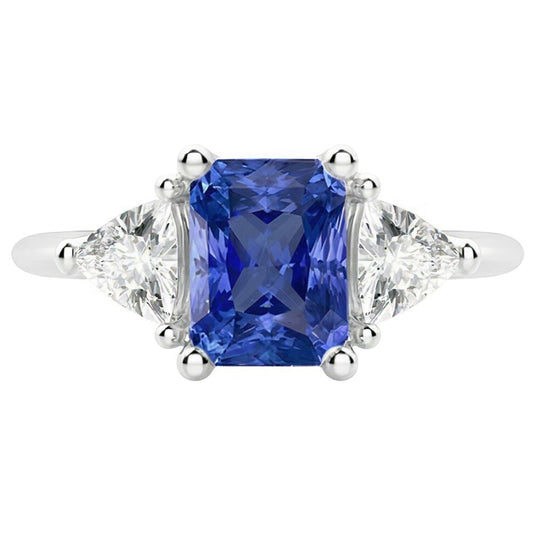 Three Stone Trillion Natural Earth Mined Diamond Ring Blue Sapphire 2 Carat Prongs