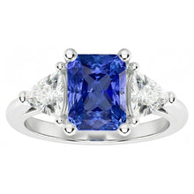 Three Stone Trillion Natural Earth Mined Diamond Ring Blue Sapphire 2 Carat Prongs