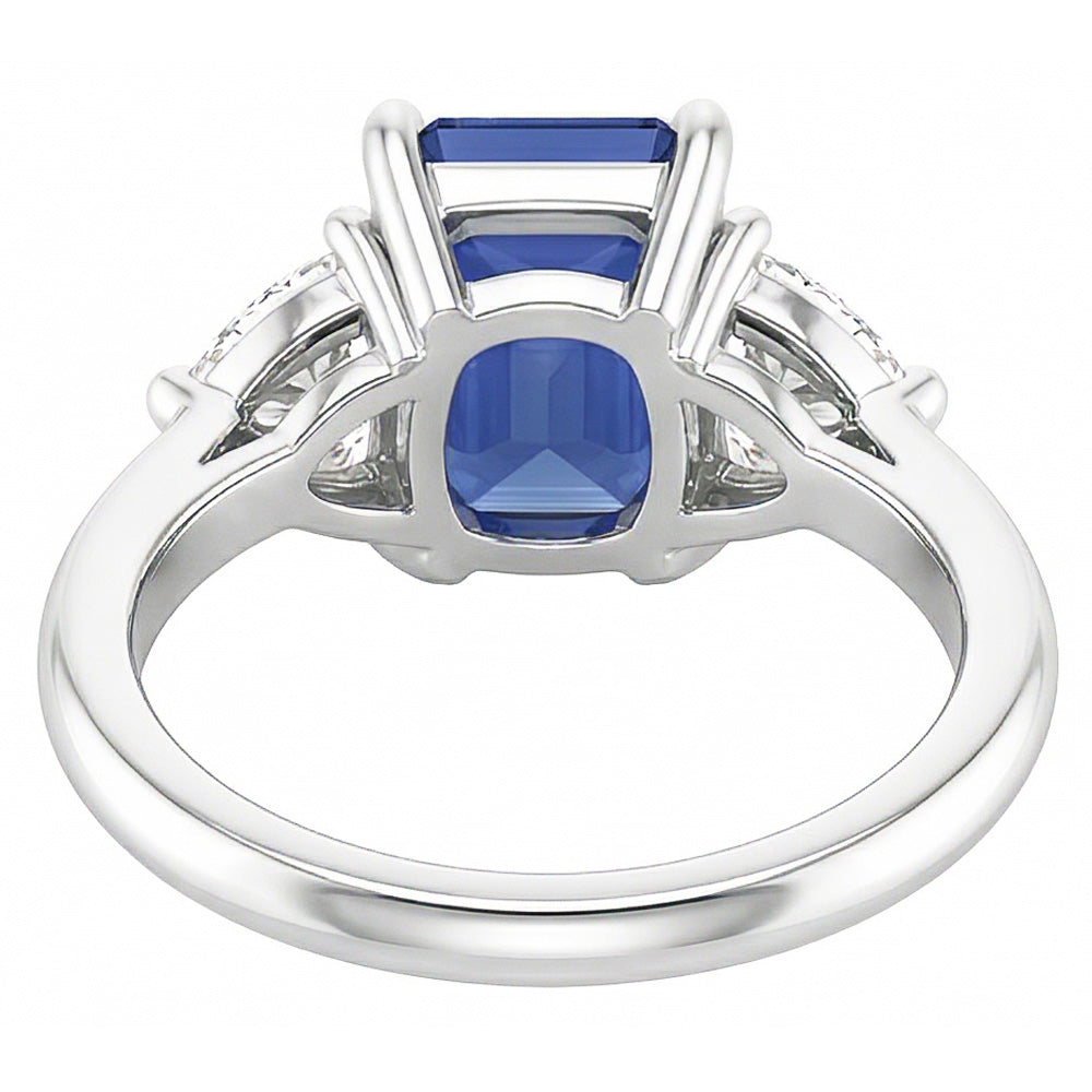 Three Stone Trillion Natural Earth Mined Diamond Ring Blue Sapphire 2 Carat Prongs