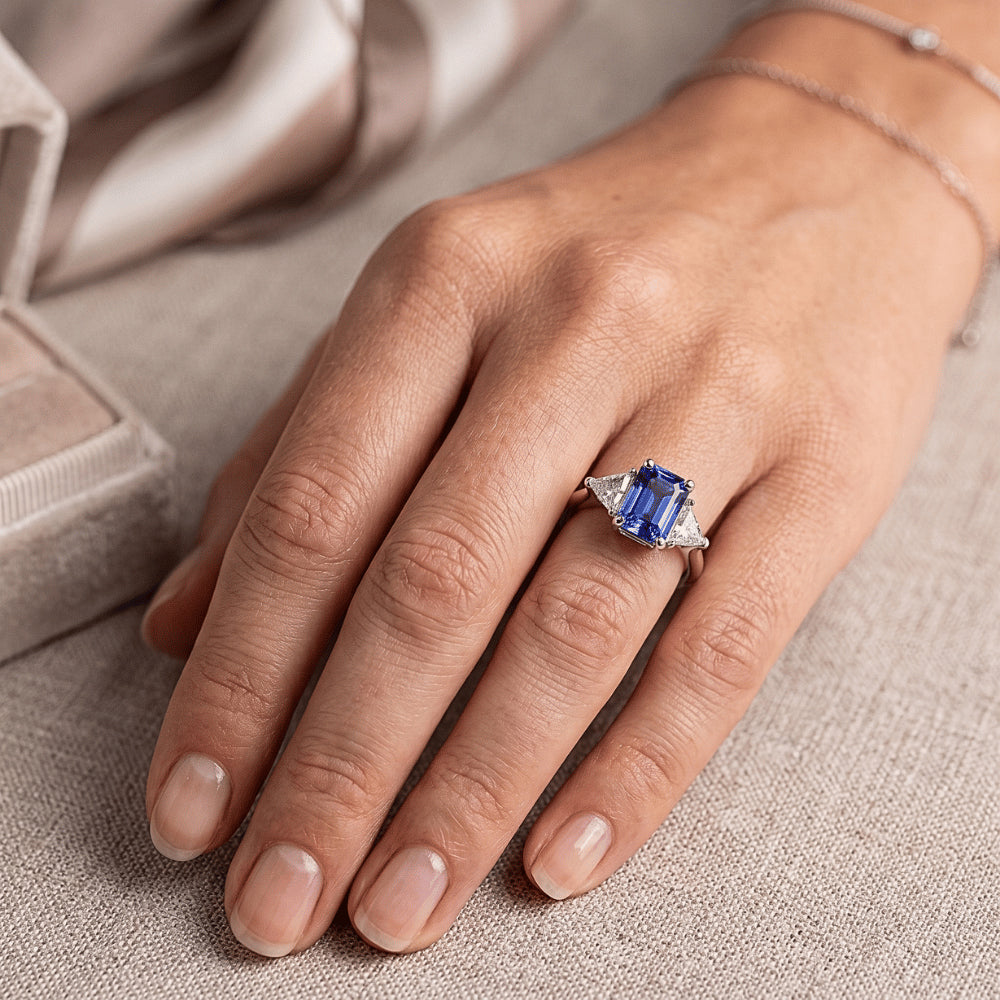 Three Stone Trillion Natural Earth Mined Diamond Ring Blue Sapphire 2 Carat Prongs