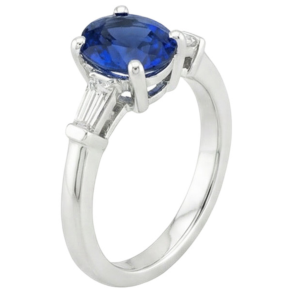 Three Stones Ring Oval Ceylon Sapphire & Baguette Natural Earth Mined DIAMOND ( NOT LAB GROWN )s 3 Carats