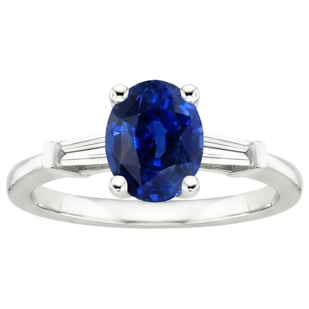 Three Stones Ring Oval Ceylon Sapphire & Baguette Natural Earth Mined DIAMOND ( NOT LAB GROWN )s 3 Carats
