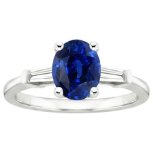 Three Stones Ring Oval Ceylon Sapphire & Baguette Natural Earth Mined DIAMOND ( NOT LAB GROWN )s 3 Carats