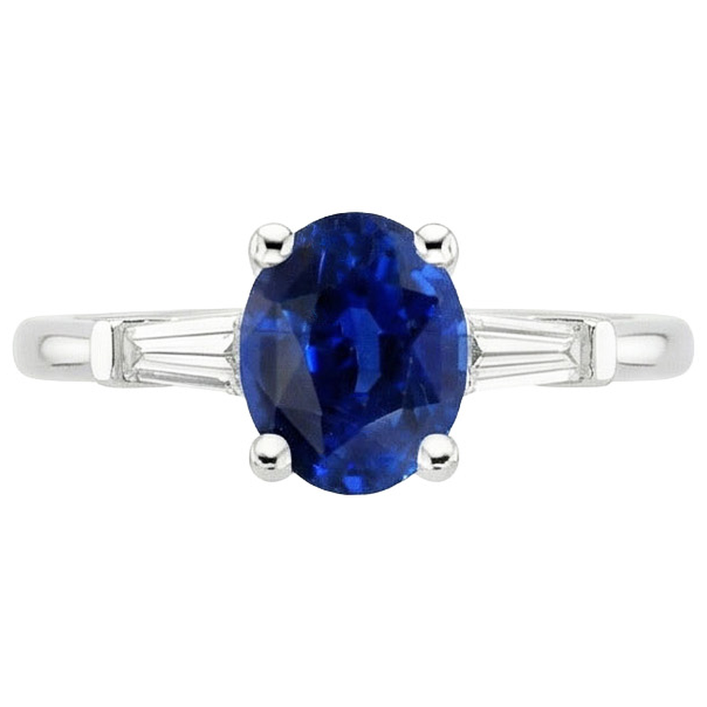 Three Stones Ring Oval Ceylon Sapphire & Baguette Natural Earth Mined DIAMOND ( NOT LAB GROWN )s 3 Carats