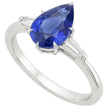 Three Stones Ring Pear Blue Sapphire & Baguette Natural Earth Mined Diamonds 3 Carats