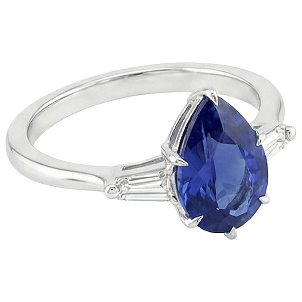 Three Stones Ring Pear Blue Sapphire & Baguette Natural Earth Mined Diamonds 3 Carats