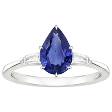 Three Stones Ring Pear Blue Sapphire & Baguette Natural Earth Mined Diamonds 3 Carats