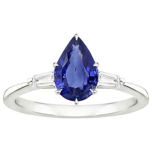 Three Stones Ring Pear Blue Sapphire & Baguette Natural Earth Mined Diamonds 3 Carats