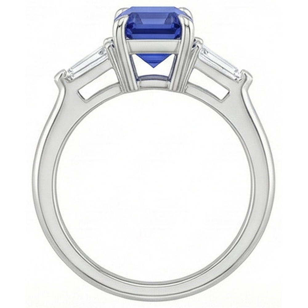 Three Stones Ring White Gold Ceylon Sapphire & Natural Earth Mined Diamond 3.50 Carats