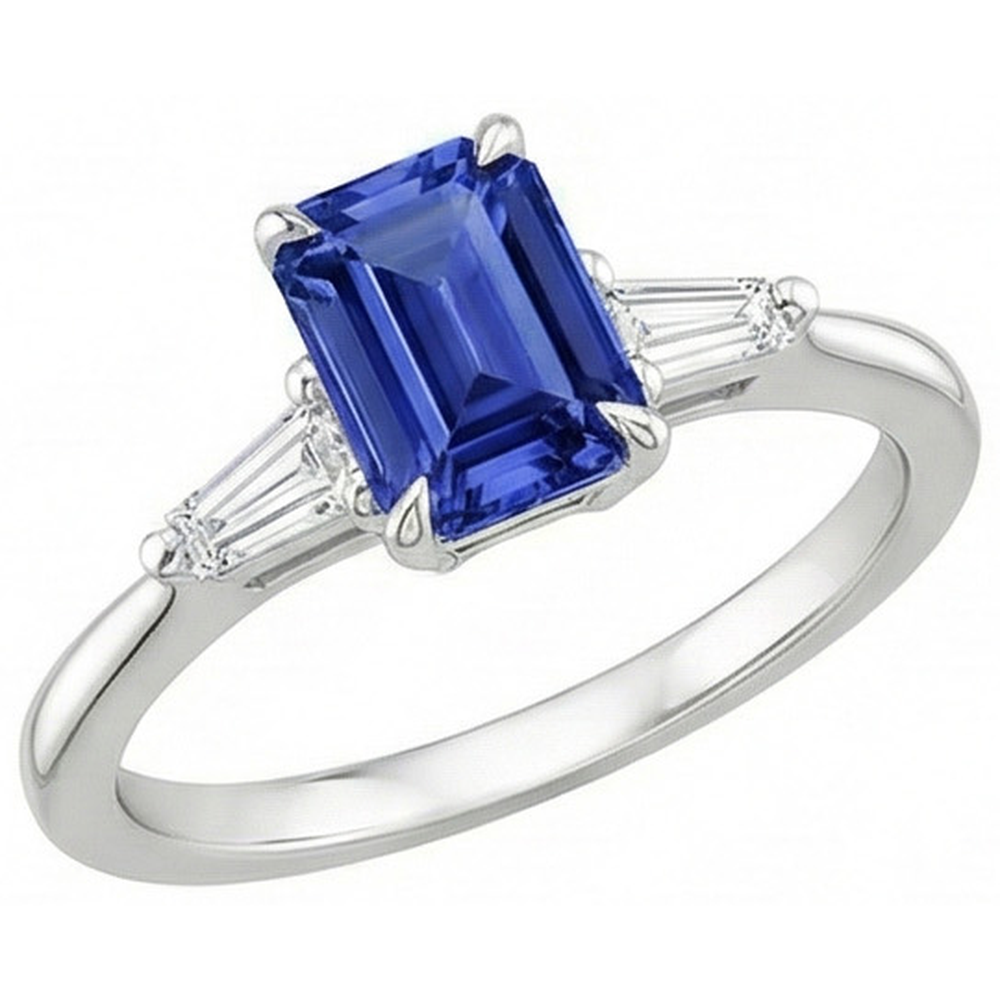 Three Stones Ring White Gold Ceylon Sapphire & Natural Earth Mined Diamond 3.50 Carats